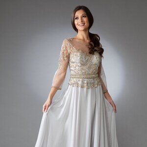 NEW FORMAL A-LINE DRESS WITH 3\4 SHEER SLEEVES EMBROIDERED WITH BEADS AC 7041